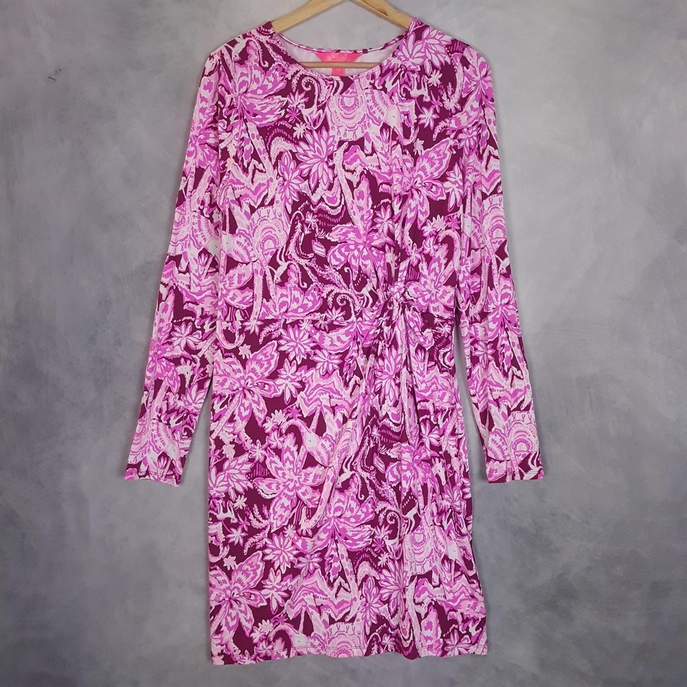 Lilly Pulitzer Dress Womens Medium Pink Elephant Long Sleeve Ruched Jersey